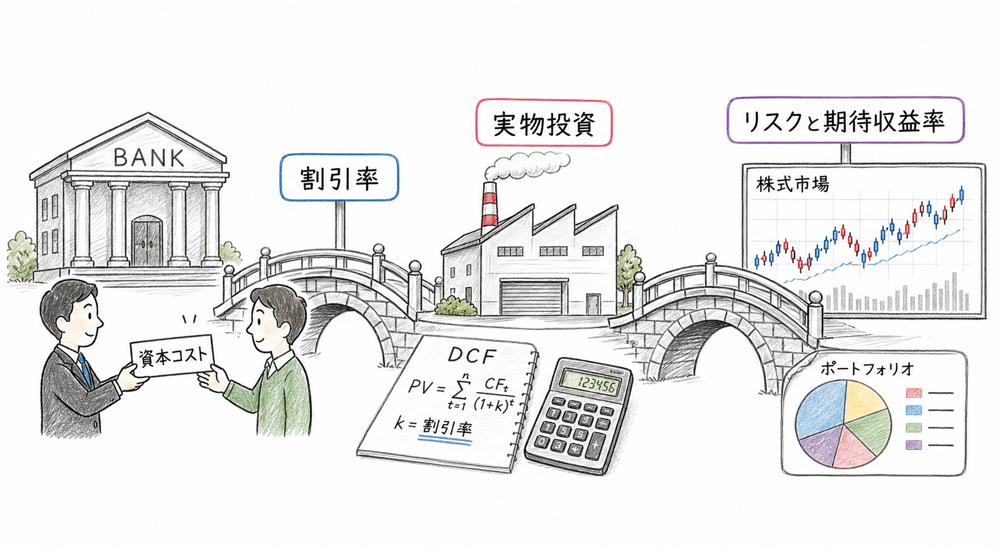 資本コスト、実物投資、証券投資のつながりを示す図解