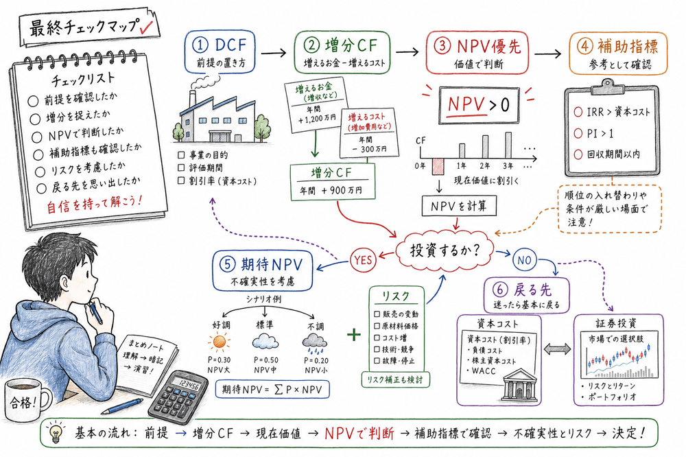 実物投資章の最終確認としてDCF、増分CF、NPV優先、補助指標、期待NPV、戻る先を整理する図解