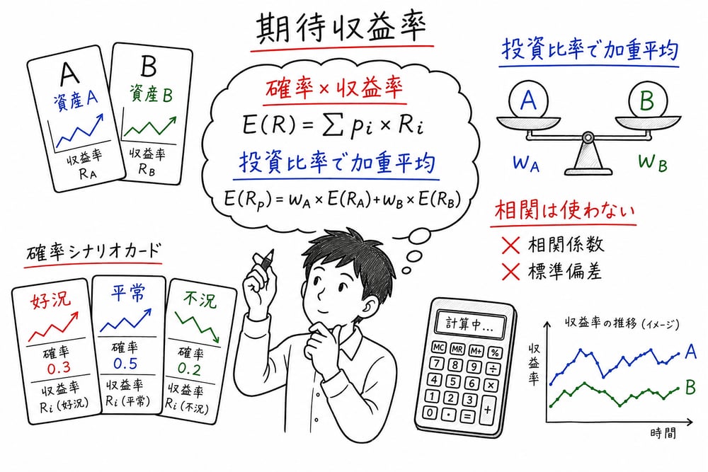 期待収益率を確率または投資比率の加重平均で求め、相関係数を使わないことを示す図解