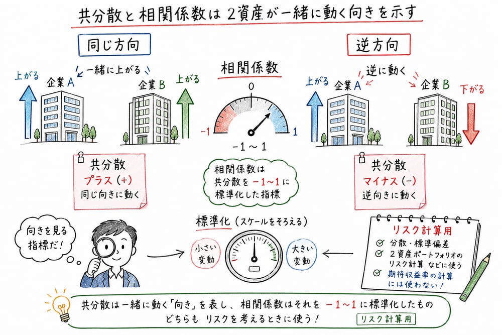 2資産が同じ方向または逆方向に動くことを共分散と相関係数で読む図解