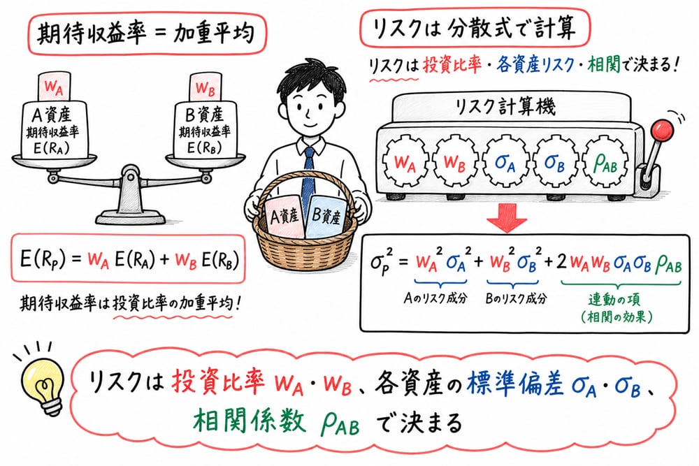 期待収益率は加重平均、リスクは各資産のリスクと相関を含めて計算する図解