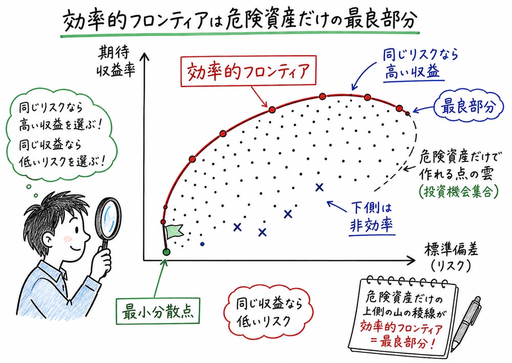 危険資産だけの投資機会集合から上側の最良部分を効率的フロンティアとして読む図解