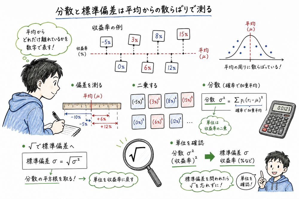 平均からの偏差を二乗して分散を求め、平方根で標準偏差へ直す図解