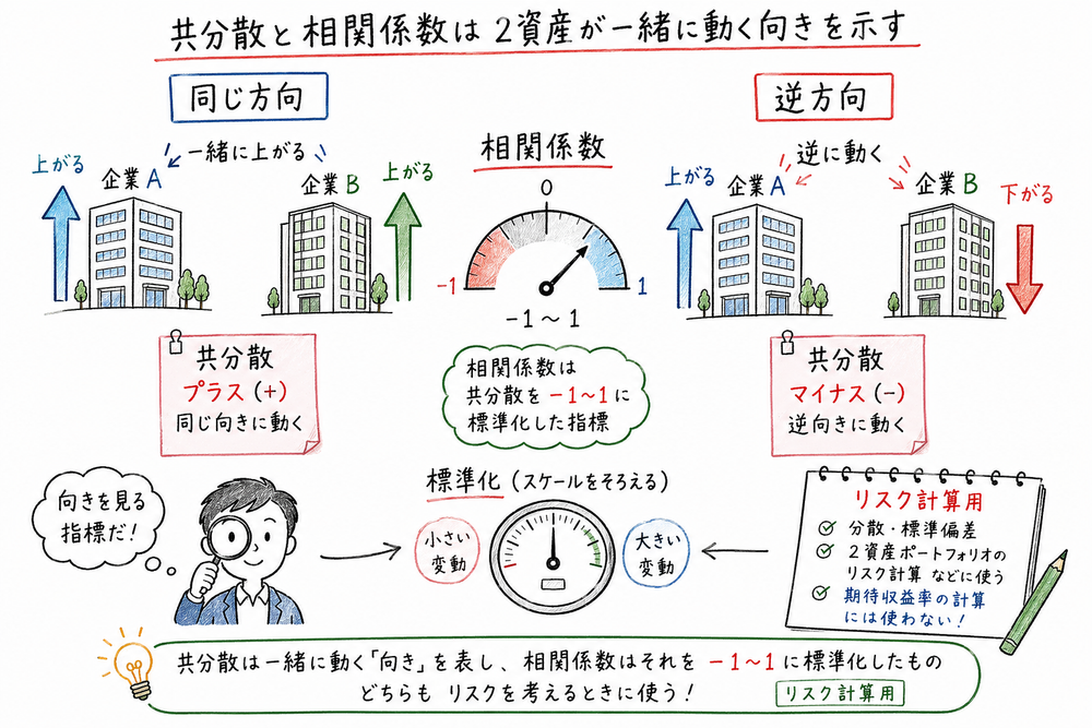 2資産が同じ方向または逆方向に動くことを共分散と相関係数で読む図解