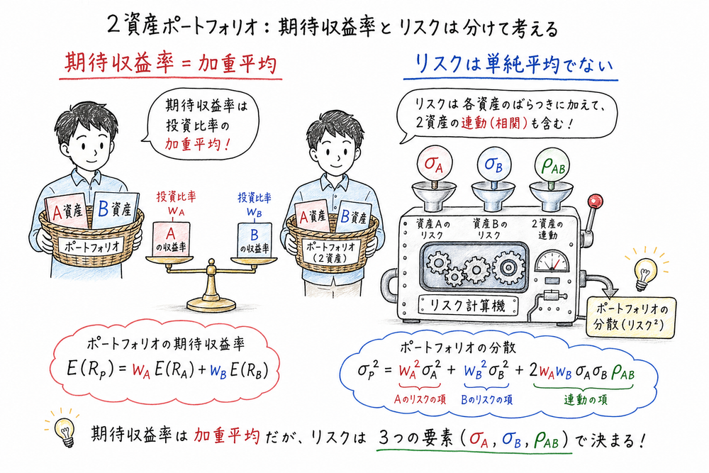 期待収益率は加重平均、リスクは各資産のリスクと相関を含めて計算する図解