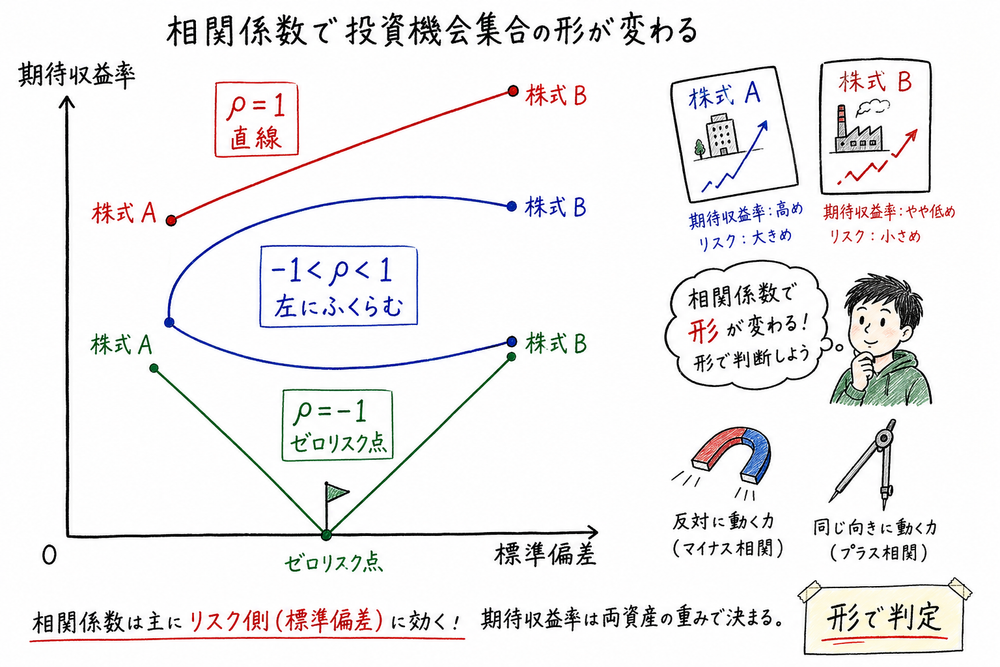 相関係数に応じて投資機会集合が直線、左にふくらむ曲線、ゼロリスク点を含む形へ変わる図解