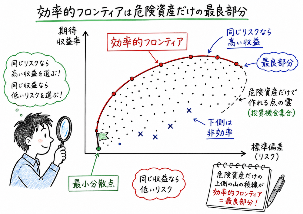 危険資産だけの投資機会集合から上側の最良部分を効率的フロンティアとして読む図解