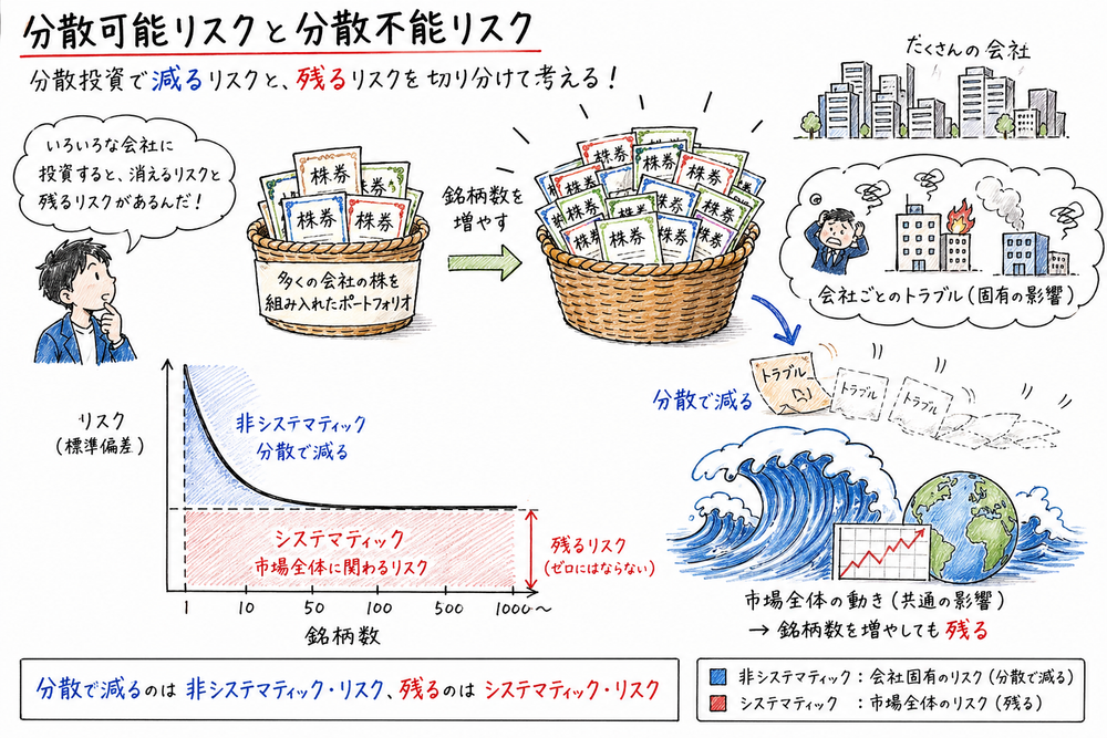 銘柄数を増やすと非システマティックリスクは減り、市場全体のシステマティックリスクは残る図解