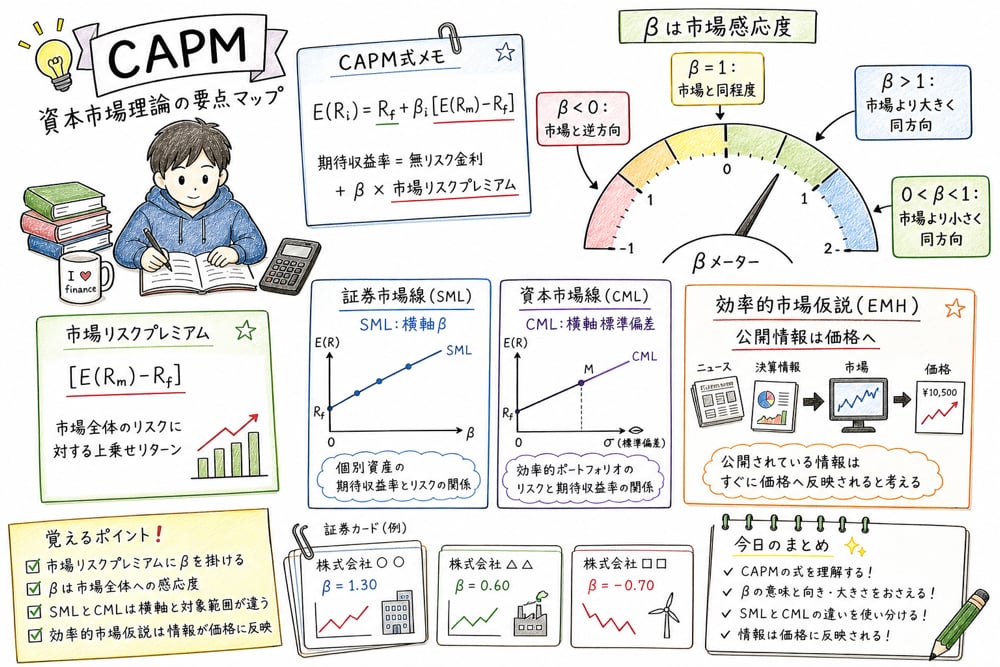 資本市場理論で最初に覚えるCAPM・ベータ・SMLとCML・効率的市場仮説の要点を示す図解