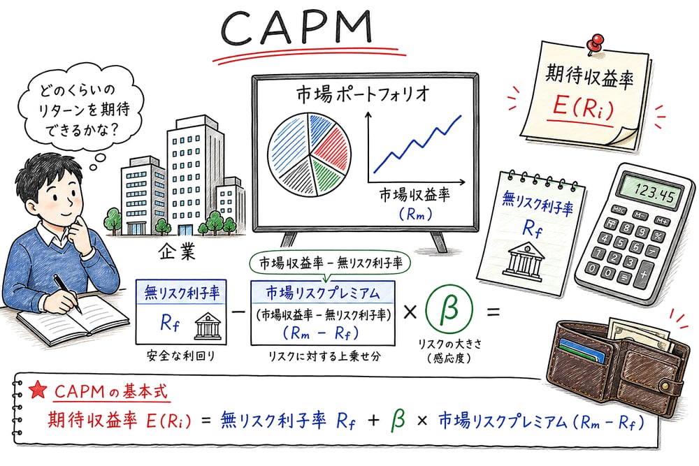 CAPMの期待収益率が無リスク利子率と市場リスクプレミアムから決まることを示す図解