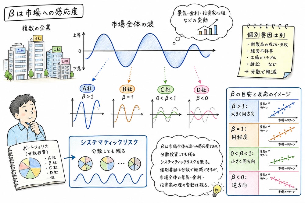 ベータが市場全体への感応度でありシステマティックリスクを表すことを示す図解