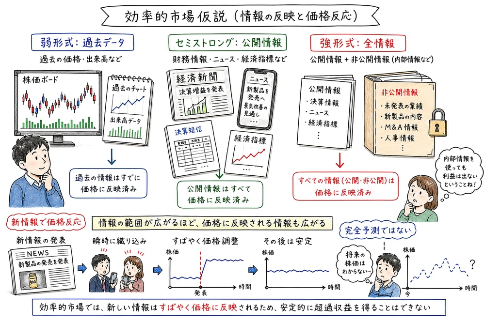 効率的市場仮説の弱形式・セミストロング型・強形式と価格反応を示す図解