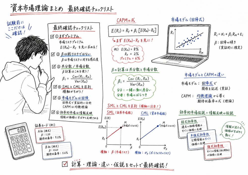 資本市場理論の章末確認としてCAPM計算・ベータ計算・SMLとCML・市場モデル・効率的市場仮説を整理する図解