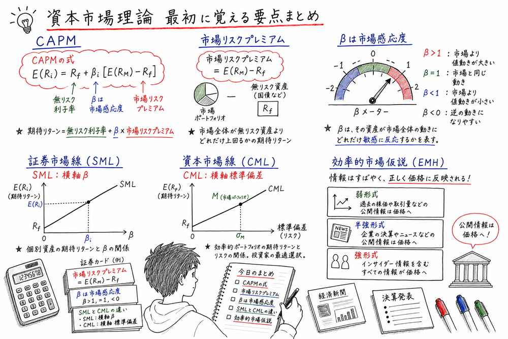 資本市場理論で最初に覚えるCAPM・ベータ・SMLとCML・効率的市場仮説の要点を示す図解