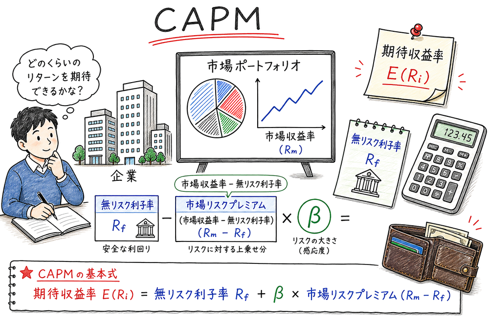 CAPMの期待収益率が無リスク利子率と市場リスクプレミアムから決まることを示す図解