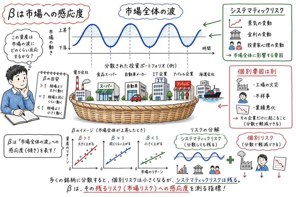 ベータが市場全体への感応度でありシステマティックリスクを表すことを示す図解