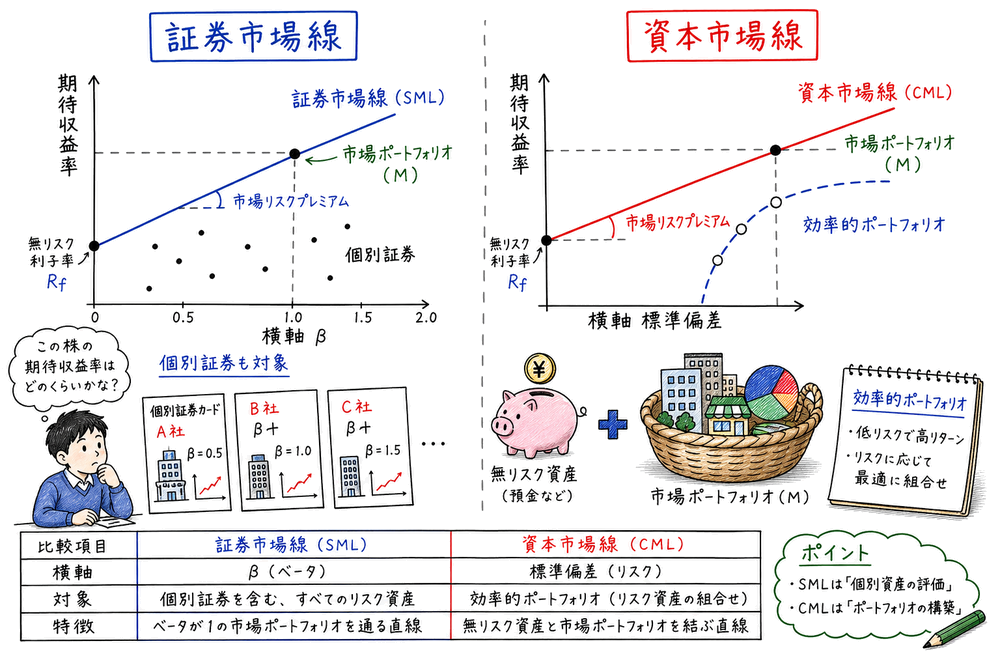 証券市場線と資本市場線の横軸と対象範囲の違いを示す図解