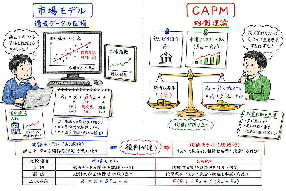 市場モデルは過去データの回帰でCAPMは期待収益率の均衡理論であることを示す図解