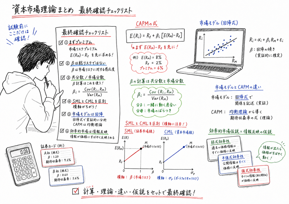 資本市場理論の章末確認としてCAPM計算・ベータ計算・SMLとCML・市場モデル・効率的市場仮説を整理する図解
