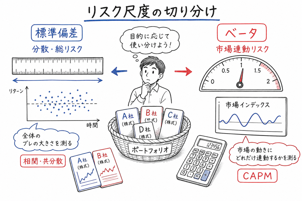 標準偏差で総リスクを測りベータで市場連動リスクを測る違いの図解