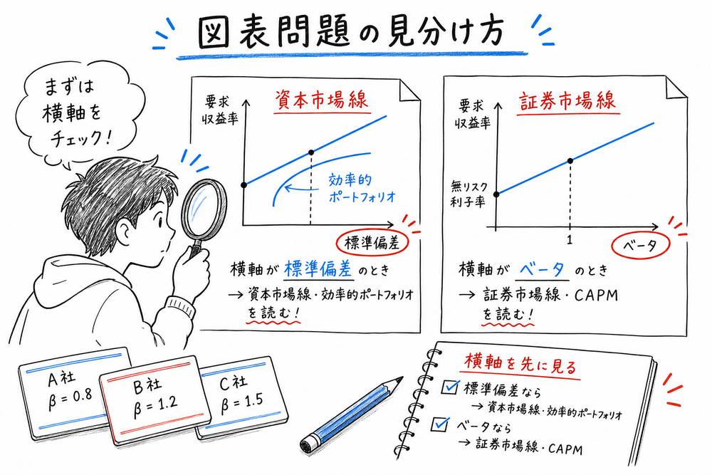 横軸が標準偏差なら資本市場線、ベータなら証券市場線として読む図解