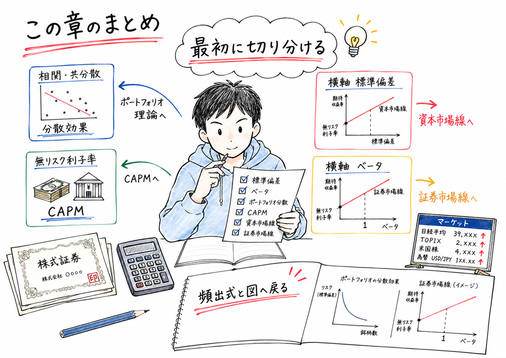 証券投資問題を相関、無リスク利子率、横軸標準偏差、横軸ベータで切り分けるまとめ図解
