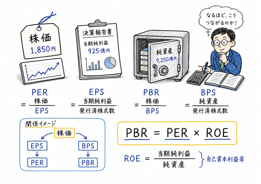 PERとPBRとROEの関係を株価、EPS、BPSで整理する図解