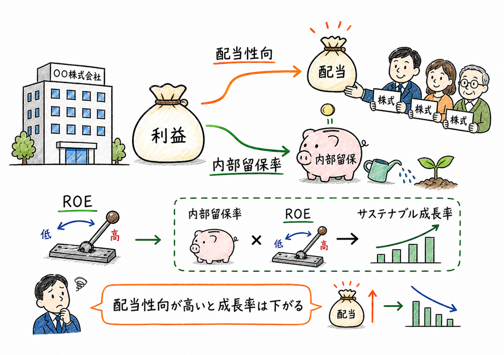 利益を配当と内部留保に分けてサステナブル成長率を考える図解