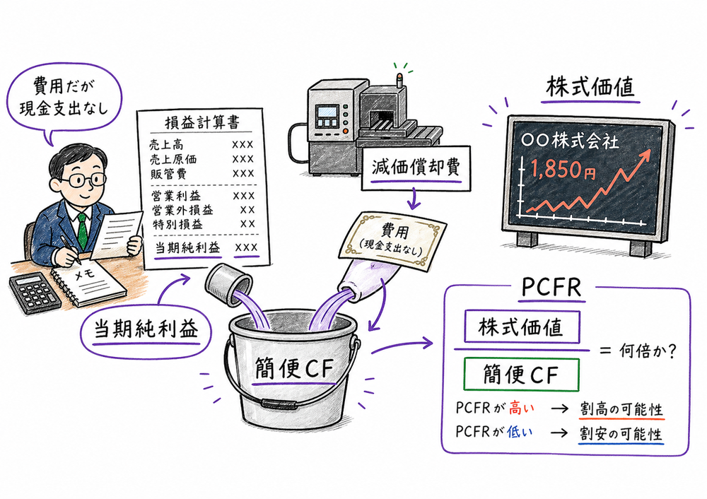 当期純利益に減価償却費を足し戻して簡便キャッシュフローを考える図解