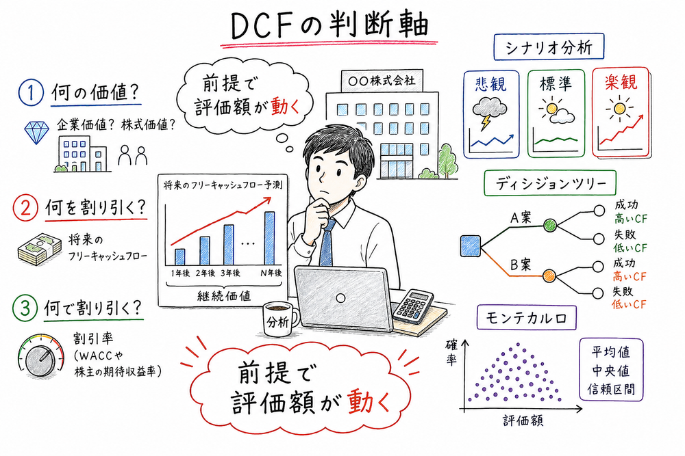 DCFの評価額は前提で動くため、価値、キャッシュフロー、割引率と不確実性分析を確認する図解