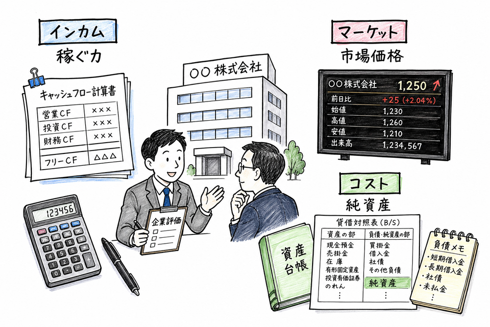 企業評価の3分類であるインカム、マーケット、コストの見る対象を会社評価の場面で整理する図解