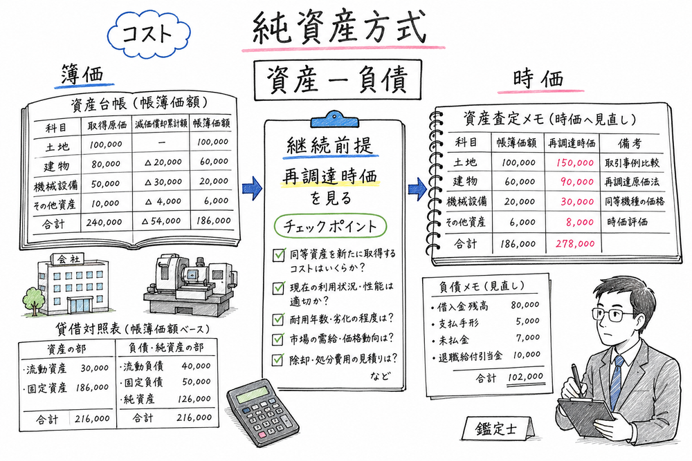 純資産方式で簿価と時価、継続前提の再調達時価を分けて確認する図解