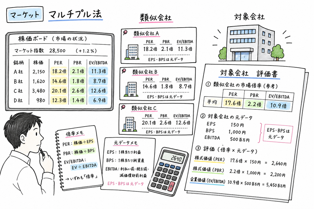 類似会社の市場倍率を使うマルチプル法とPERやPBRなどの倍率を整理する図解