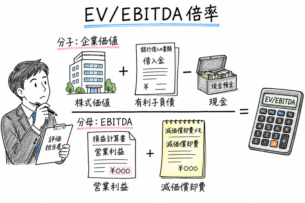 EV/EBITDA倍率の分子である企業価値と分母であるEBITDAの構成要素を分ける図解