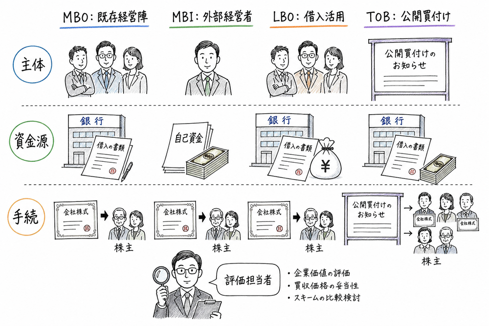 MBO、MBI、LBO、TOBを主体、資金源、手続の判断軸で整理する図解