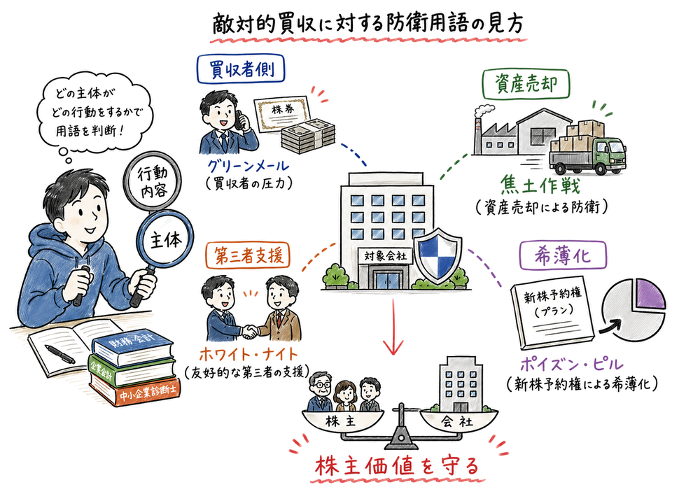 買収防衛策を主体と行動内容で判断し株主価値を確認する図解