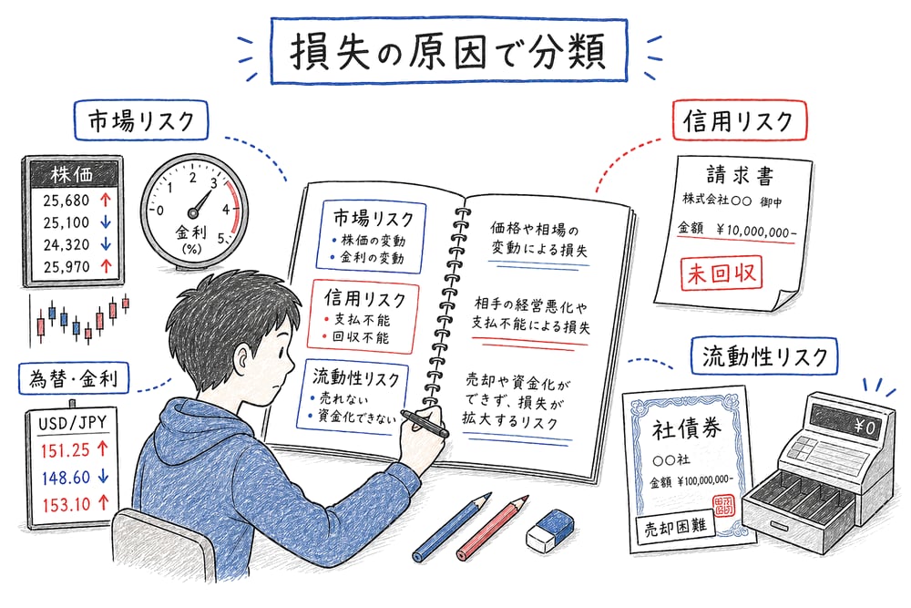 市場リスク、信用リスク、流動性リスクを損失の原因で分類する入口の図解