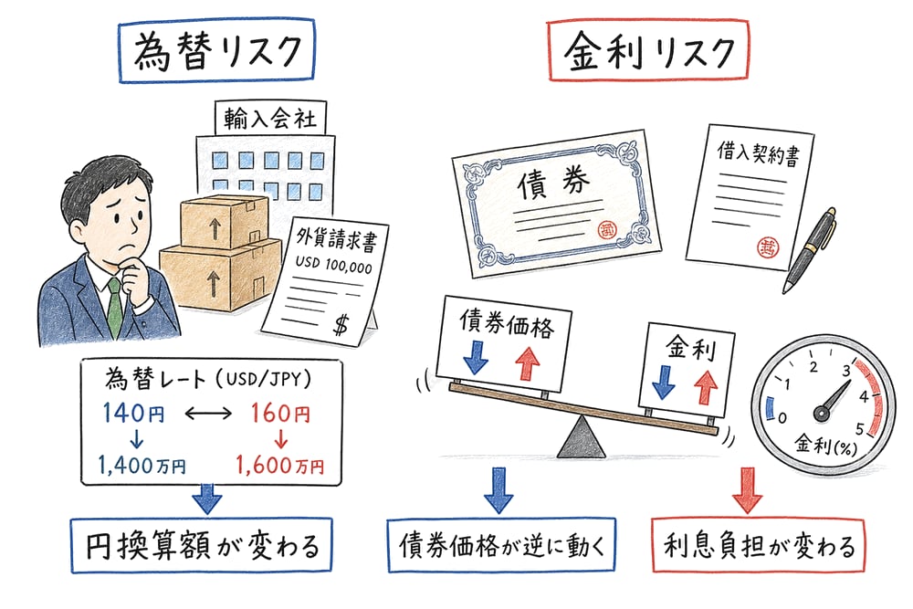 為替レートで円換算額が変わり、金利変動で債券価格と利息負担が変わる図解
