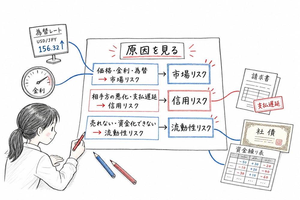 損失の原因を見て市場リスク、信用リスク、流動性リスクに分類する判断軸の図解