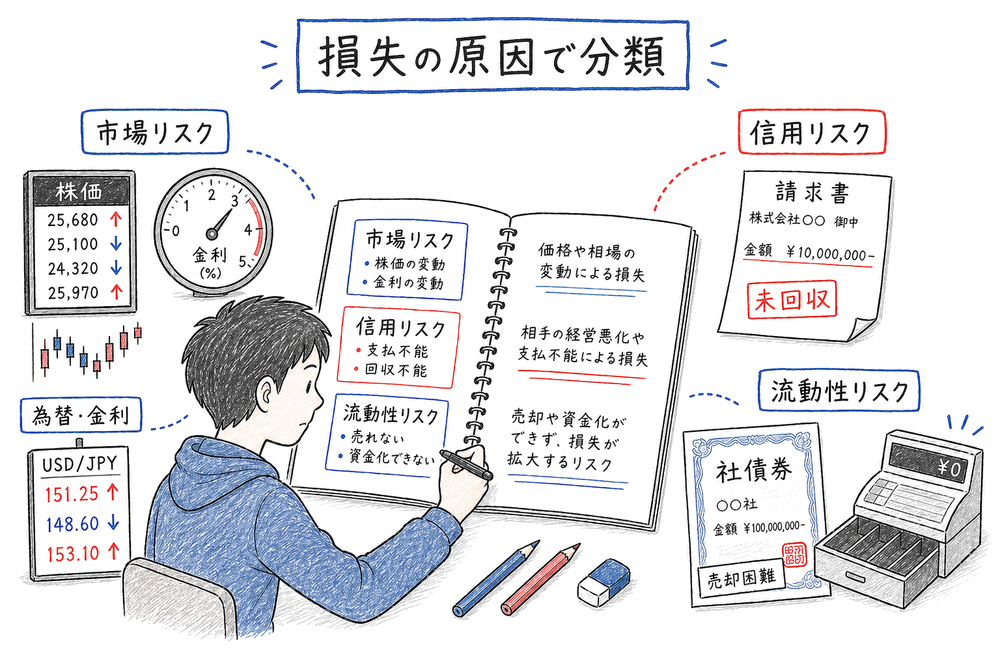 市場リスク、信用リスク、流動性リスクを損失の原因で分類する入口の図解