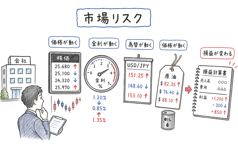 株価、金利、為替、商品価格の変動で損益が変わる市場リスクの図解