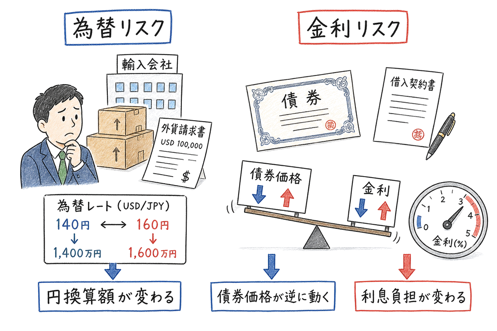 為替レートで円換算額が変わり、金利変動で債券価格と利息負担が変わる図解