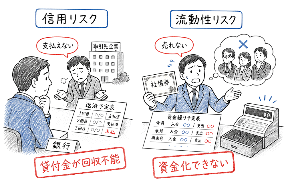 信用リスクは支払不能、流動性リスクは売買や資金化不能で見分ける図解