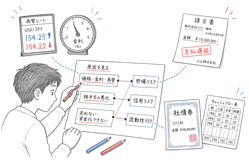 損失の原因を見て市場リスク、信用リスク、流動性リスクに分類する判断軸の図解