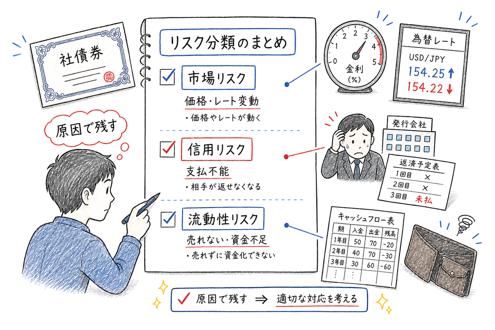 市場リスク、信用リスク、流動性リスクを原因で最終確認するまとめ図解