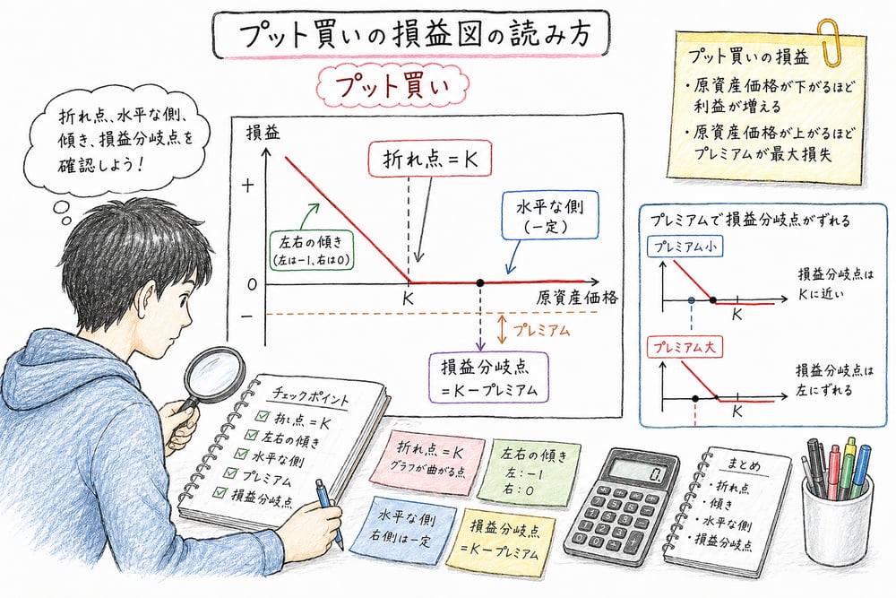 オプション損益図で折れ点、水平な側、傾き、損益分岐点を読む手順の図解