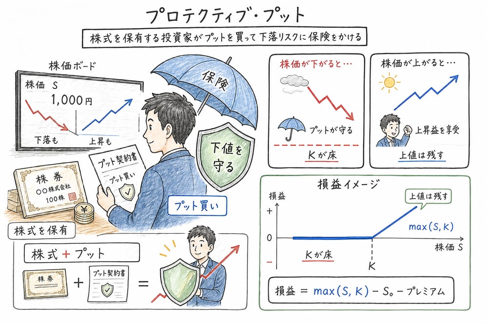 株式保有とプット買いを組み合わせ、下値を守りつつ上値を残すプロテクティブ・プットの図解