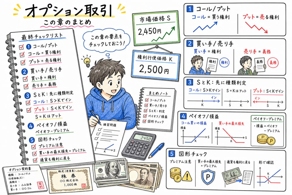 オプション取引の問題で確認するコールかプットか、買い手か売り手か、SとK、ペイオフと損益、図形の判断軸をまとめた図解