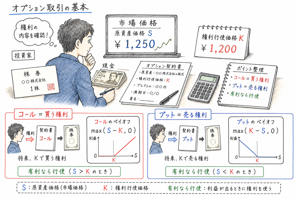 コールは買う権利、プットは売る権利であり、SとKを比べてペイオフを判断する図解