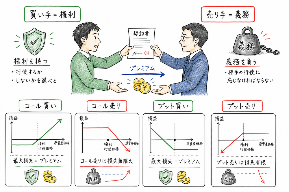 オプションの買い手は権利、売り手は義務を持ち、プレミアムと損益上限が異なることを示す図解